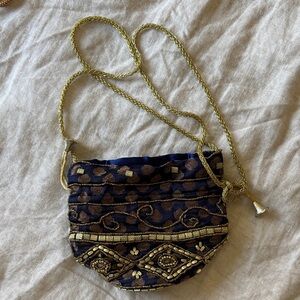 Elegant Blue and Gold Embroidered Women's Bag
